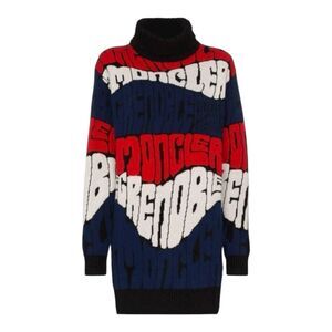 MONCLER Grenoble Wool Cashmere Sweater Womens L Red Blue White Logo Turtleneck